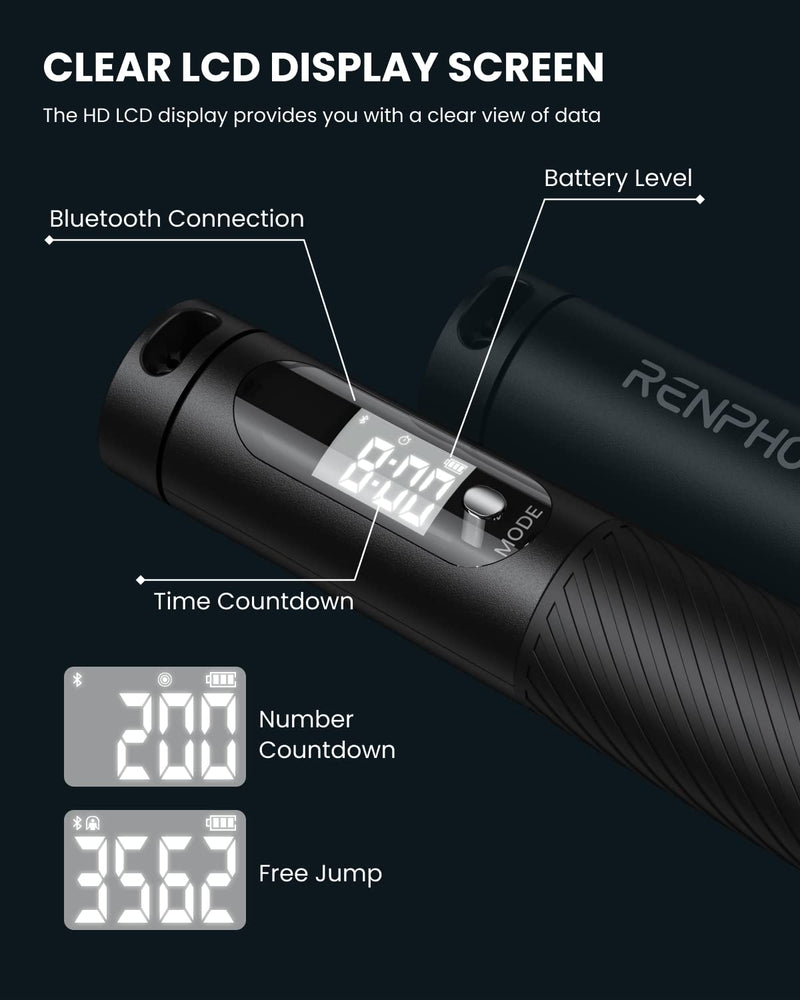 RENPHO Smart Skipping Rope with Counter, Adjustable Jump Ropes with Cordless Ball, Jump Ropes for Fitness, Crossfit, Gym, Burn Calorie, APP Data Analysis, at-Home-Workout for Women, Men, Adult, Kids 01-Black - BeesActive Australia
