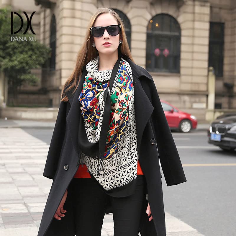DANA XU 100% Pure Merino Wool Extra Large Pashmina Cashmere Scarf Shawl And Wrap For Women Winter Oversized Floral Blanket 11 Black - BeesActive Australia