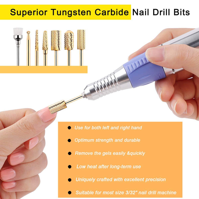 Makartt Carbide Nail Drill Bit Set 3/32 Gold Carbide Nail Drill Bit 7Pcs Remove Gel Polish Nail Gel Dip Powder Drill Bit Professional Bits Nail Art Tools Manicure Pedicure B-21 - BeesActive Australia