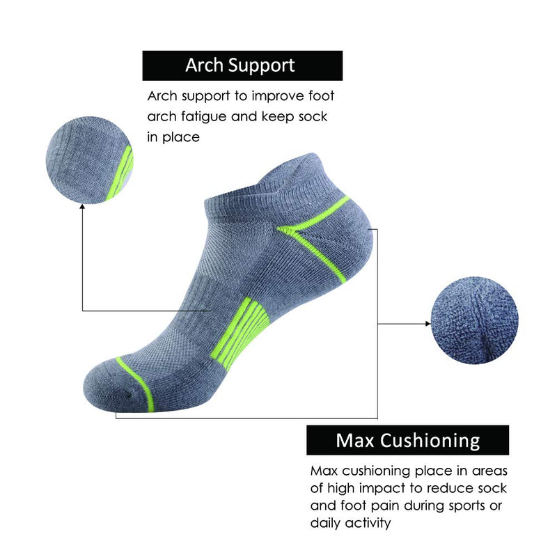 [AUSTRALIA] - JOYNÉE Mens Athletic Low Cut Ankle Tab Socks 6 Pack Cushioned Breathable for Running Light Grey (6 Pairs) 