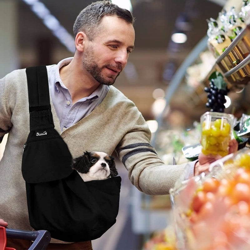 Lukovee Pet Sling, Hand Free Dog Sling Carrier Adjustable Padded Strap Tote Bag Breathable Cotton Shoulder Bag Front Pocket Safety Belt Carrying Small Dog Cat Puppy Machine Washable A- Black For Pets 8~15lbs - BeesActive Australia