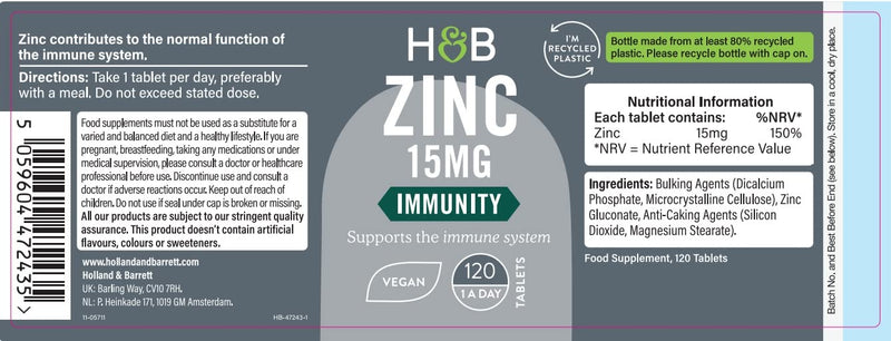 Holland & Barrett Zinc 15mg - Supports The Immune System - 120 Tablets Unflavoured 120 Count (Pack of 1) - BeesActive Australia