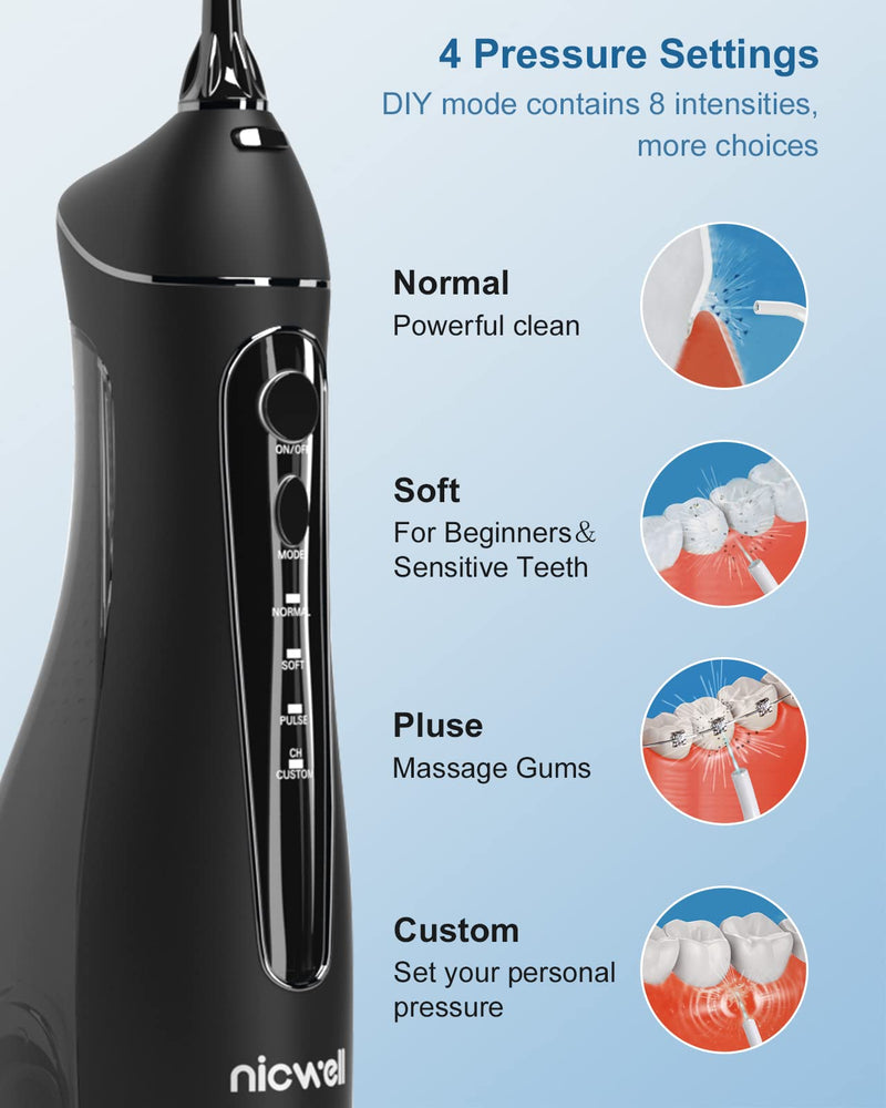 Water Dental Flosser Cordless for Teeth - Nicwell 4 Modes Dental Oral Irrigator, Portable and Rechargeable IPX7 Waterproof Powerful Battery Life Water Teeth Cleaner Picks for Home Travel Black - BeesActive Australia