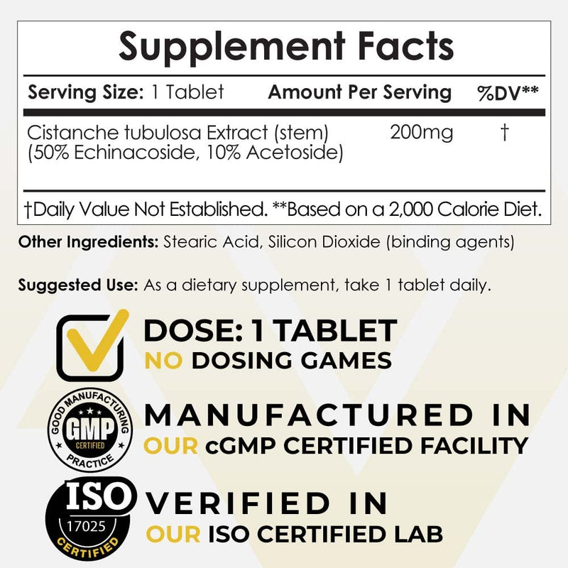 Nootropics Depot Cistanche tubulosa Tablets | 200mg | 60 Count | Minimum 50% Echinacoside + 10% Acetoside (Verbascoside) | Promotes Physical Strength and Energy | Promotes Vitality 60 Count (Pack of 1) - BeesActive Australia