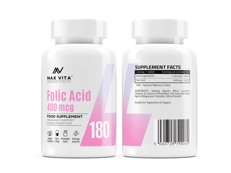 Folic Acid 400 mcg Vitamin B9 Pregnancy Care Maternal Tissue Growth During Immune System Support Energy Production Women Health 180 Vegan Tablets - BeesActive Australia