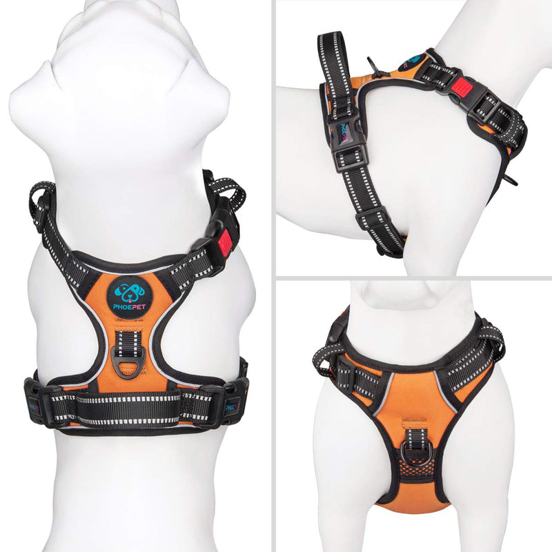 PHOEPET No Pull Dog Harness Reflective Adjustable Vest with a Training Handle, Name ID Pocket, 2 Metal Leash Hooks, 3 Snap Buckles [Easy to Put on & Take Off] Medium Orange - BeesActive Australia