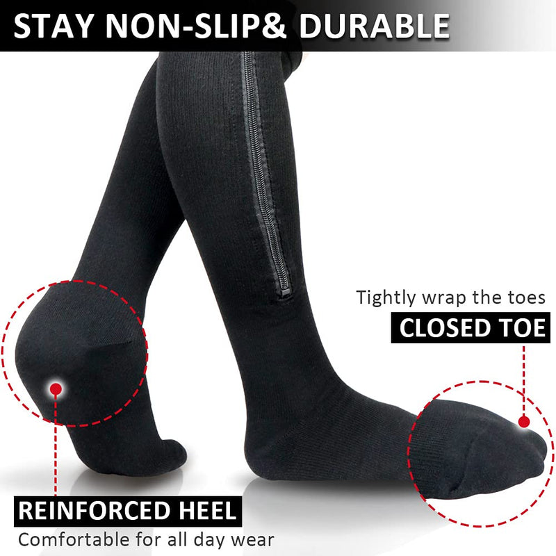 Ailaka 15-20 mmHg Zipper Compression Socks for Women Men, Closed Toe Support Graduated Medical Varicose Veins Hosiery, Perfect for Athletics, Running, Flight Travel, Support, Edema, Pregnancy 2X-Large (1 Pair) Black - BeesActive Australia