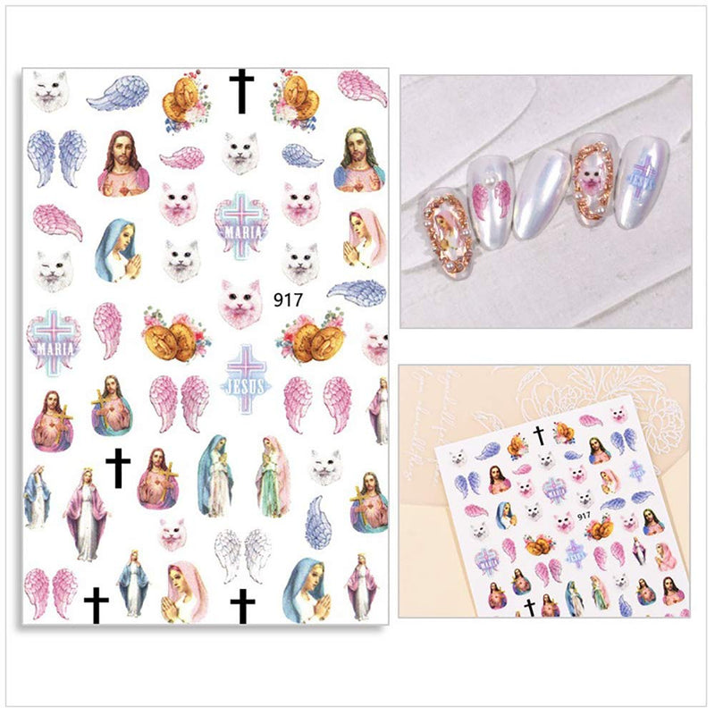 WOKOTO 6 Sheets Adhesive Nail Art Stickers Tips Jesus Angel Wings Flower Cupid Design 3d Nail Decals Decoration Manicure Accessories For Women KIT1 - BeesActive Australia