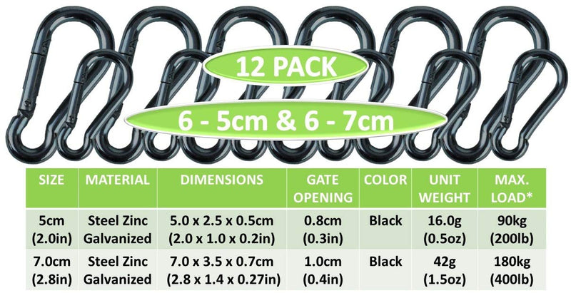 Branded Boards Black & Silver Heavy Duty Bushcraft Zinc-Galvanized Steel Carabiner Spring Snap Clip Link Hooks. 200-400lb Load. 6 Packs, 12 Packs and Variety Packs. Black-5cm & 7cm-12 Pack - BeesActive Australia