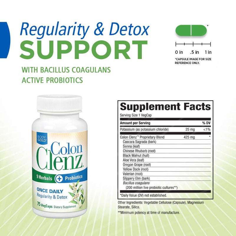 Body Gold Colon Clenz Regularity & Detox Formula | Once Daily Support with 9 Herbs + Active Probiotics | 75 CT 75 Count (Pack of 1) - BeesActive Australia