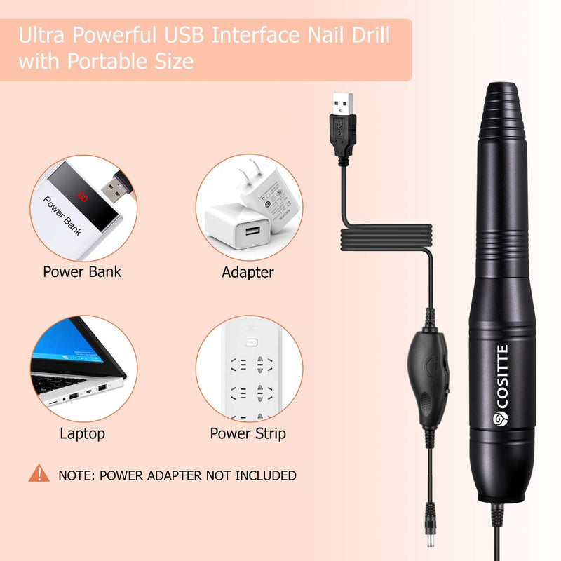 COSITTE Electric Nail Drill, USB Electric Nail Drill Machine for Acrylic Nails, Portable Electrical Nail File Polishing Tool Manicure Pedicure Efile Nail Supplies for Home and Salon Use Black - BeesActive Australia