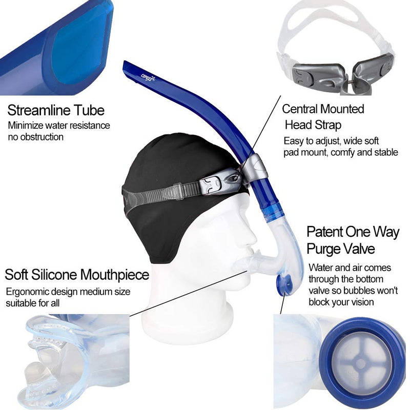 [AUSTRALIA] - COPOZZ Swim Snorkel for Lap Swimming Swimmers Training Snorkeling Diving, Center Mount Comfortable Silicone Mouthpiece One-Way Purge Valve, Easy to Breath for Pool and Open Water 4300 Swim Snorkel-Blue 