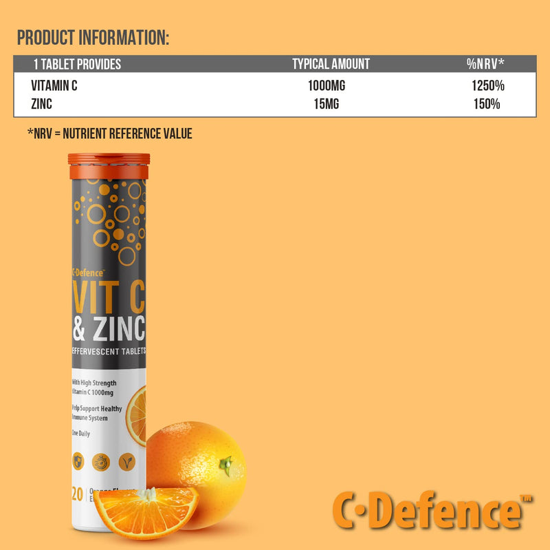 Vitamin C 1000mg & Zinc 15mg Orange Flavour Effervescent Tablets by Club Vits (4 Tubes of 20 Tablets) 20 Count (Pack of 4) - BeesActive Australia