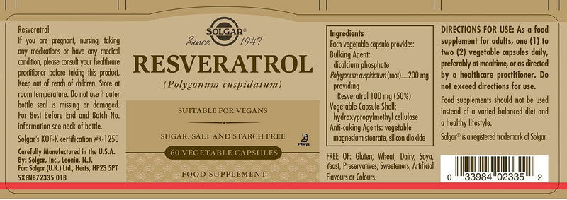 Solgar Resveratrol 100 mg Vegetable Capsules - Pack of 60 - Heart Health Friendly - For Daily Wellbeing - Gluten, Vegan, Dairy Free - BeesActive Australia