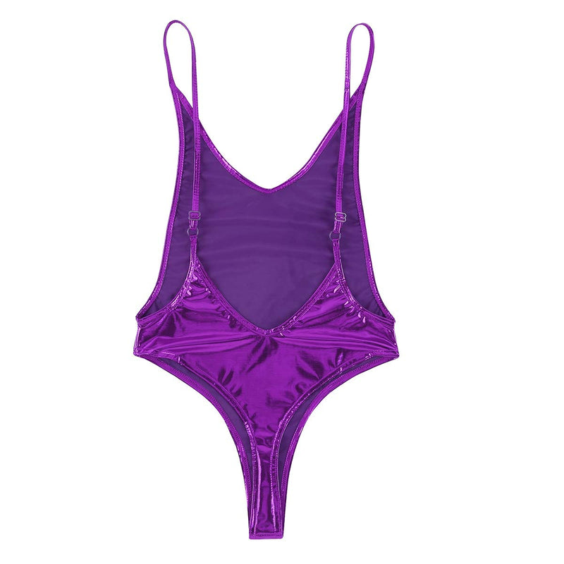 [AUSTRALIA] - YiZYiF Womens Sexy Backless Shiny Metallic Spandex Leotard Thong Bodycon Bodysuit Swimsuit Purple 