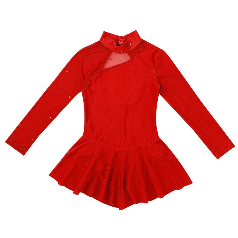 [AUSTRALIA] - winying Girls Mock Neck Long Sleeves Tulle Splice Cut Out Back Roller Ice Figure Skating Dress Ballet Dancewear Red 12 