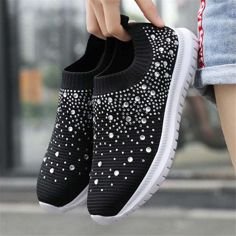 GOSPT Women's Mesh Walking Shoes Rhinestone Glitter Slip On Ballroom Jazz Latin Dance Sock Sneakers 5 Black - BeesActive Australia