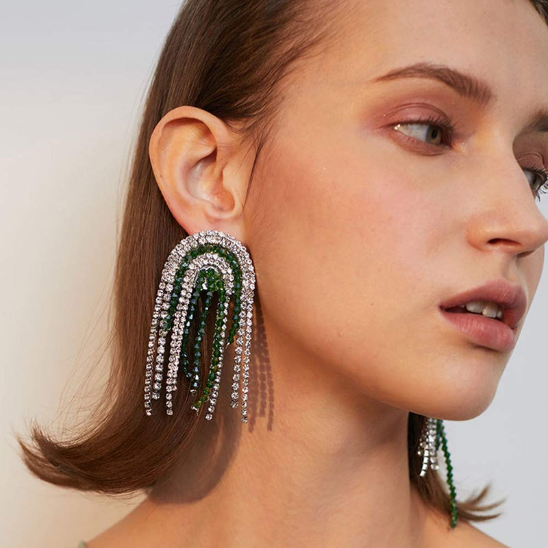 Xerling Clear Rhinestones Tassel Earrings Fringe Chain Rhinestones Chandelier Dangle Drop Earrings for Prom Statement Earrings - BeesActive Australia