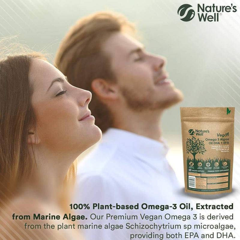 Vegan Omega 3 Algae Oil DHA + EPA, High Concentrate, 60 Vegetarian Capsules, from Sustainable Plant Based Alternative to Fish Oils, Halal & Kosher � Made in The UK by Nature�s Well (Pouch) - BeesActive Australia