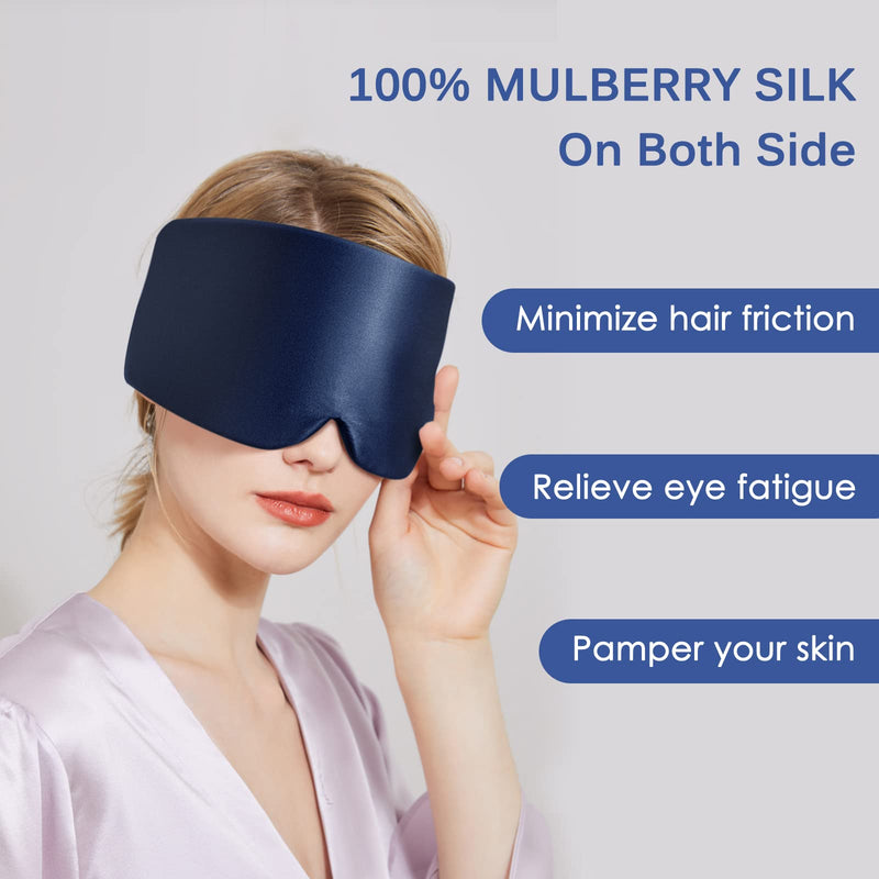 OLESILK Sleep Mask, 100% Natural Mulberry Silk Eye Mask for Women and Men with Adjustable Strap, Large in Size, Blindfold for All Night Sleep, Navy - BeesActive Australia