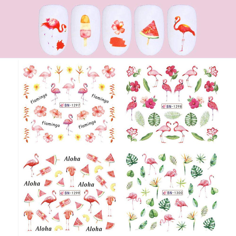 Flower Flamingo Nail Art Stickers Decal 12 Sheets Nail Beauty Supplies Flamingo Leaf Flower Fruit Design Water Transfer Stickers Acrylic Decorations for Women Holiday DIY Manicure Tip Accessories - BeesActive Australia