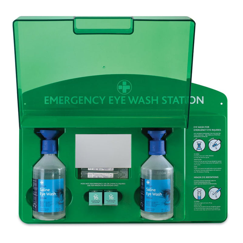 RELIANCE MEDICAL REL919 Complete Emergency Eye Wash Station with 20ml Pods/500ml Bottles/Eye Pads/Mirror & Reliwash Saline Eye Wash Pods 25 x 20ml 1 Count (Pack of 1) REL919 + Eye Wash Pods (Pack of 25) - BeesActive Australia