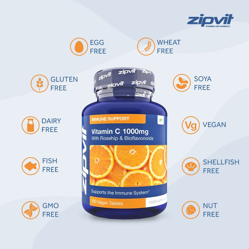 Vitamin C 1000mg with Bioflavonoids, 100 Vegan Tablets. Supports The Immune System. Contributes to a Reduction in Tiredness and Fatigue. 100 Tablet Jar - BeesActive Australia
