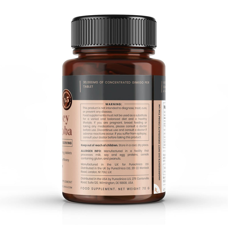 Pureclinica High Potency Ginkgo Biloba 30,000mg x 180 Tablets (2 Bottles of 90) - 6 Months Supply - 5 Times The Strength of Competitor Products - BeesActive Australia