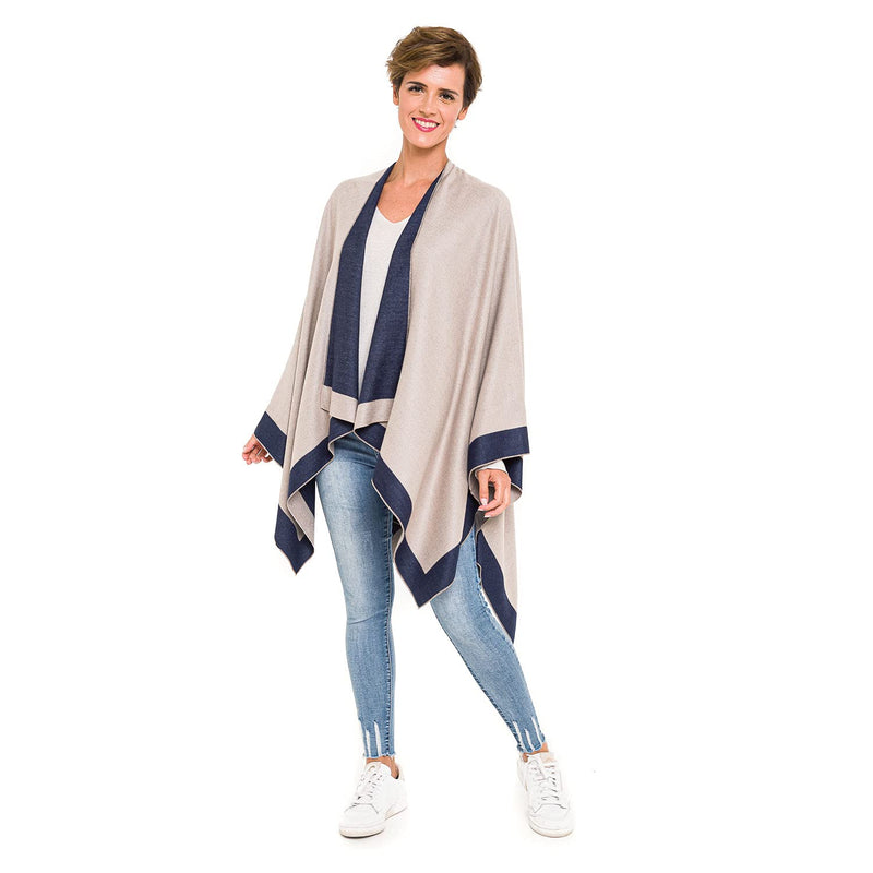 MELIFLUOS DESIGNED IN SPAIN Women's Shawl Wrap Poncho Ruana Cape Cardigan Sweater Open Front for Spring Fall Winter One Size Border Design - Gray Navy - BeesActive Australia