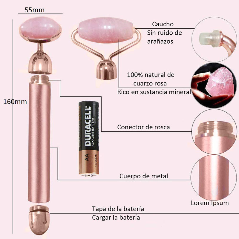 Electric Jade Roller Face Massager,3-in-1,100% Natural Rose Quartz Facial Roller Kit,Skin Care Beauty Roller Tool for Anti-Aging,Anti-Wrinkle,Skin Tightening,Chin Toning Roller,Oil Serum,Rose Gold - BeesActive Australia