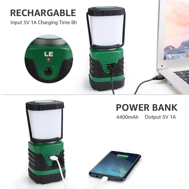 LE LED Camping Lantern Rechargeable, 1000LM, 4 Light Modes, 4400mAh Power Bank, IP44 Waterproof, Perfect Lantern Flashlight for Hurricane Emergency, Hiking, Home and More, USB Cable Included - BeesActive Australia