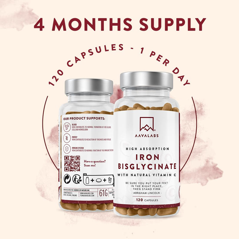 Gentle Iron Supplements for Women and Men - 42 mg Iron Tablets high Strength with Natural Vitamin C - Active Iron bisglycinate - Fatigue Supplements with high bioavailability - 120 Capsules - BeesActive Australia