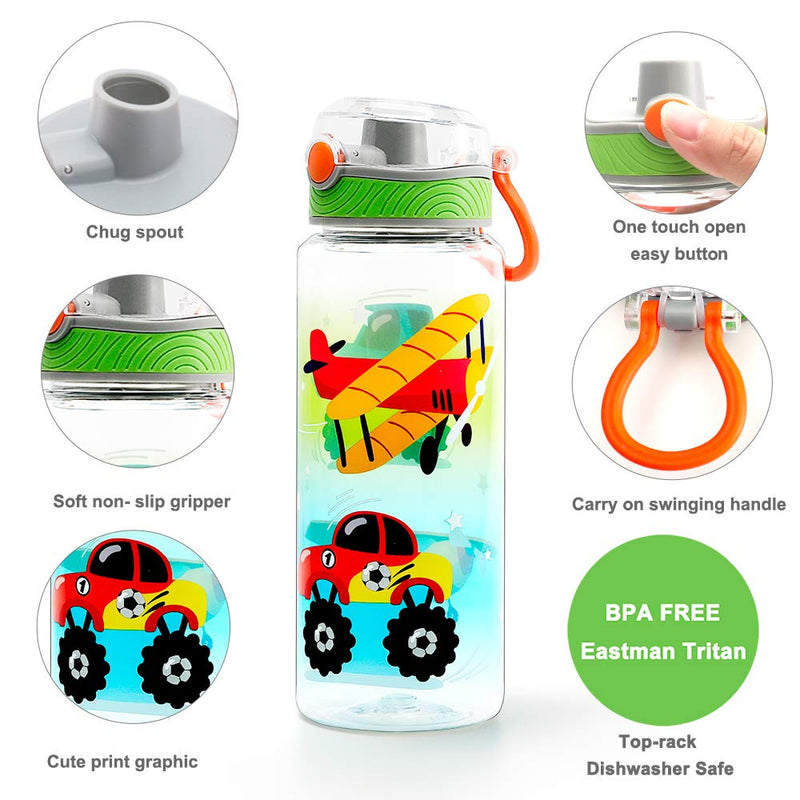 Home Tune Cute Water Bottle for School Kids Boys, BPA Free Tritan & Leak Proof Flip Top Lid & Easy Clean & Carry Handle, 23oz/ 680ml Airplane & Truck - BeesActive Australia