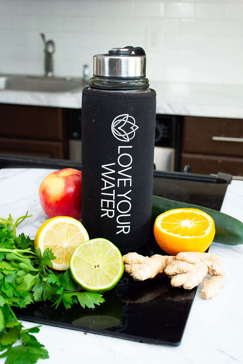 Love Yourself Wellness 40oz.Glass Water Bottle with Sleeve Motivation and Teaching times when to Drink Wide Mouth Stainless Steel Filter Attached lid Hydrating Sport Water Bottle LOVE YOUR WATER - BeesActive Australia
