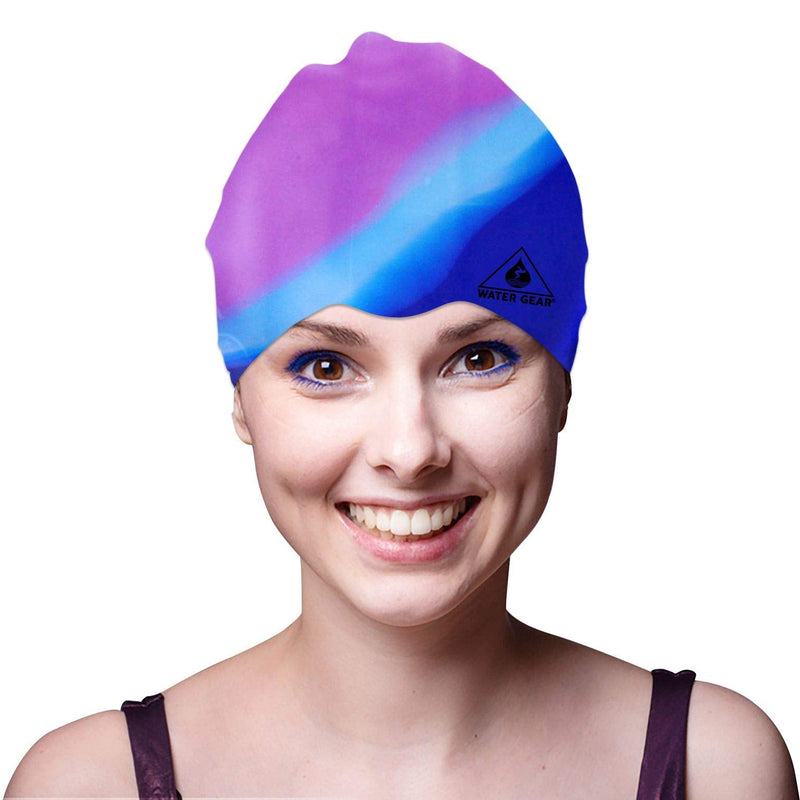 Water Gear Silicone Adult Swim Cap - Flexible Unisex Waterproof - Great for Short and Long Hair - Improve Your Performance - Women Men and Teens -Triathlon Swimmers and Athletes (Blue/Purple) - BeesActive Australia