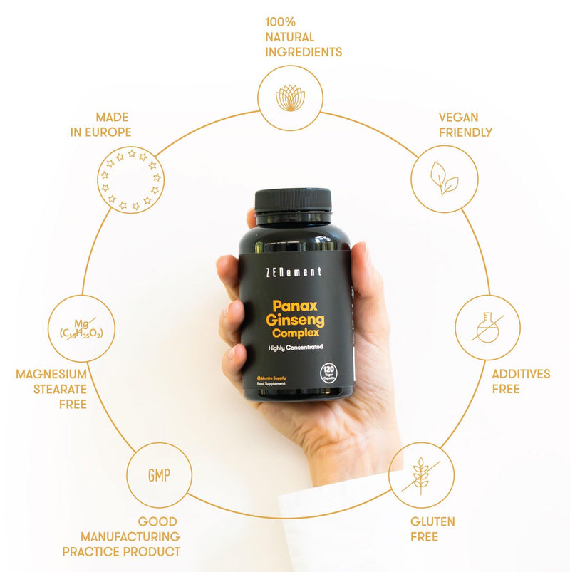 Panax Ginseng, Highly Concentrated, 2375mg, 120 Capsules | for Improved Well-Being | Improves Concentration, Memory and Athletic Endurance | 100% Natural Ingredients, Vegan, Additives Free | Zenement - BeesActive Australia