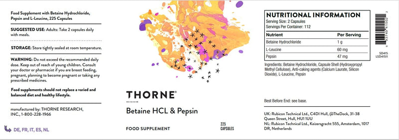 Thorne Betaine HCL & Pepsin - Digestive Enzymes for Protein Breakdown ...