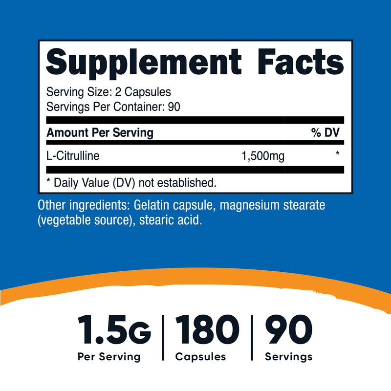 Nutricost L-Citrulline 750mg, 180 Capsules - 1500mg Per Serv, Gluten Free 180 Count (Pack of 1) - BeesActive Australia