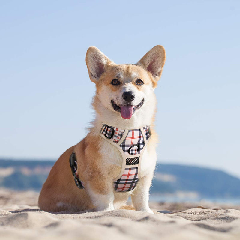 PoyPet No Pull Dog Harness, [Release at Neck] Reflective Adjustable No Choke Pet Vest with Front & Back 2 Leash Attachments, Soft Control Training Handle for Small Medium Large Dogs S Checkered Beige - BeesActive Australia