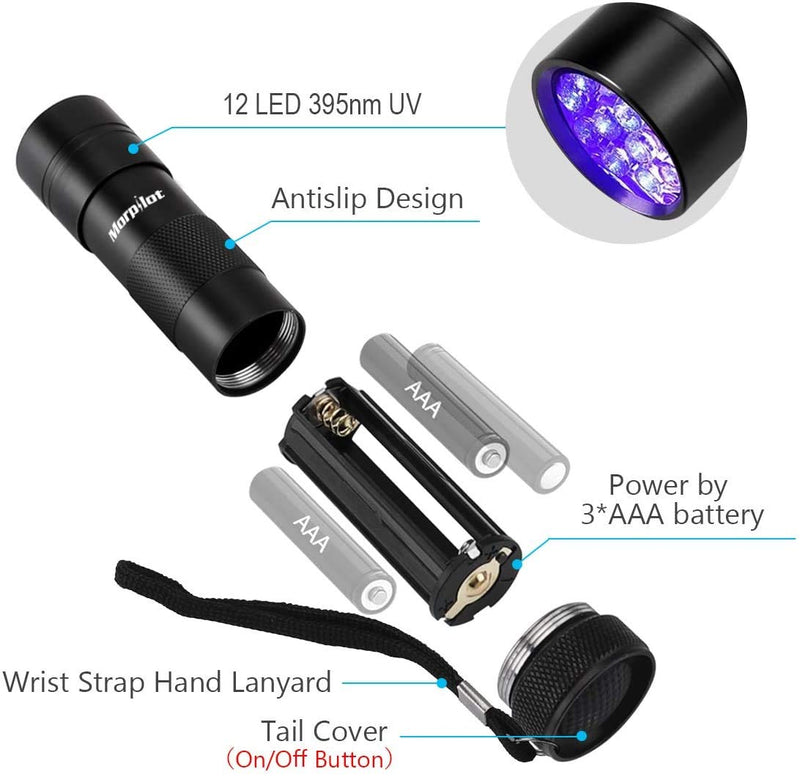 morpilot Black Light, 2 Pcs UV Handheld Blacklight Flashlights 12 Led 395nm Mini Light Torch Detector for Pets Urine and Stains - BeesActive Australia