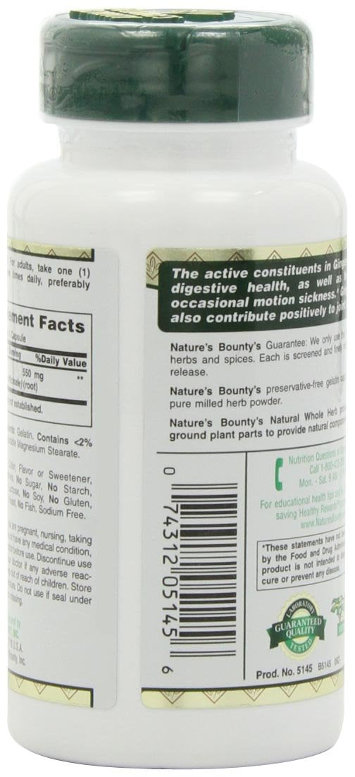 Nature's Bounty Ginger Root Pills and Herbal Health Supplement, Supports Digestive Health, 550mg, 100 Capsules - BeesActive Australia
