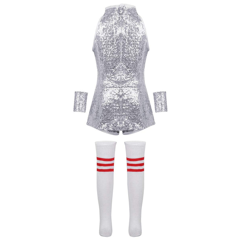 [AUSTRALIA] - easyforever Kids Girl Cheerleading Hip Hop Jazz Dance Outfit Shiny Sequin Camisole Tank Top with Short Wrist-Sleeve Sock 8-10 Silver 