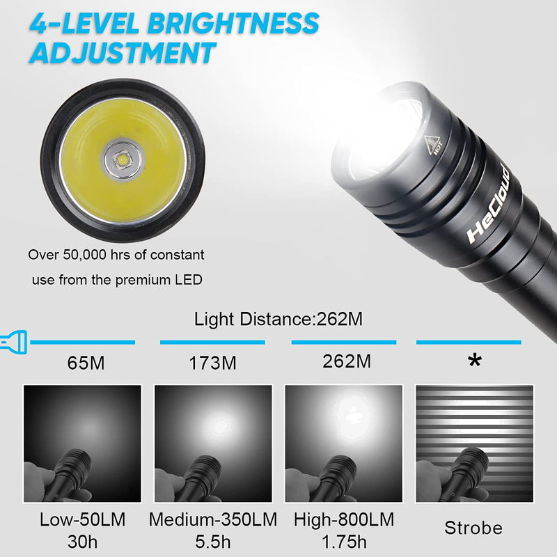 HECLOUD Scuba Diving Flashlight Dive Torch 1200 Lumens IPX8 Waterproof Underwater Safety Light with USB Charger 4 Modes for Submarine Deep Sea Cave at Night Daily Use - BeesActive Australia