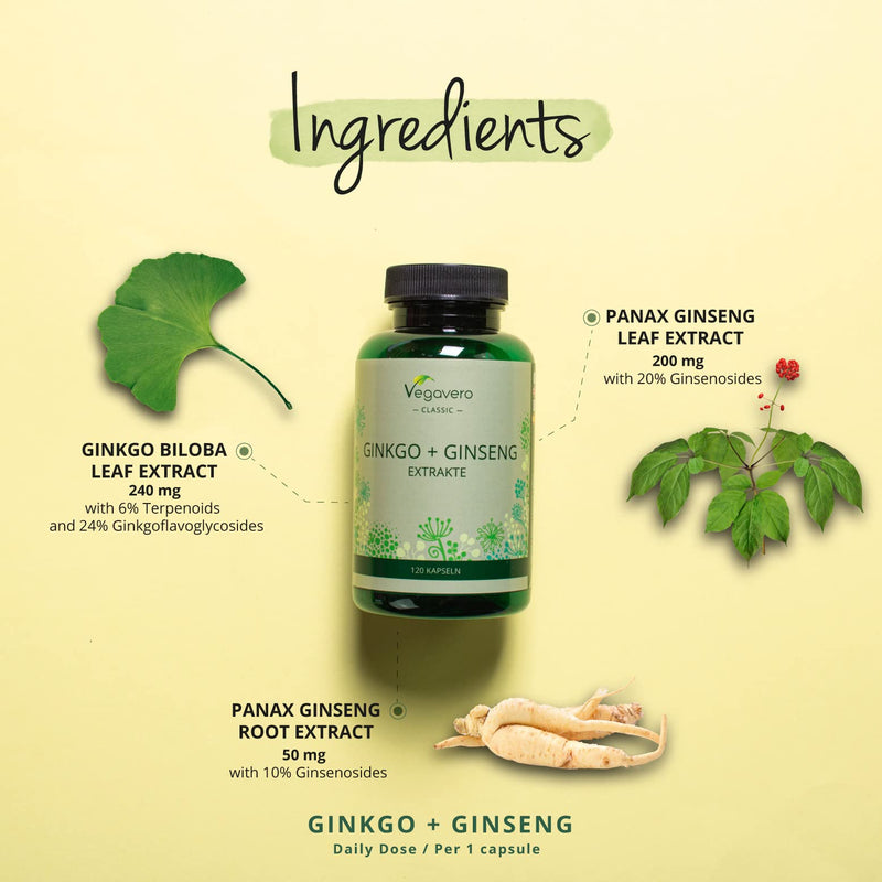 Ginkgo Biloba & Panax Ginseng Vegavero� | NO Additives | 12000 mg Ginkgo & 2000 mg Red Korean Ginseng Extracts | Vegan | 120 Capsules (4 Month Supply) - BeesActive Australia