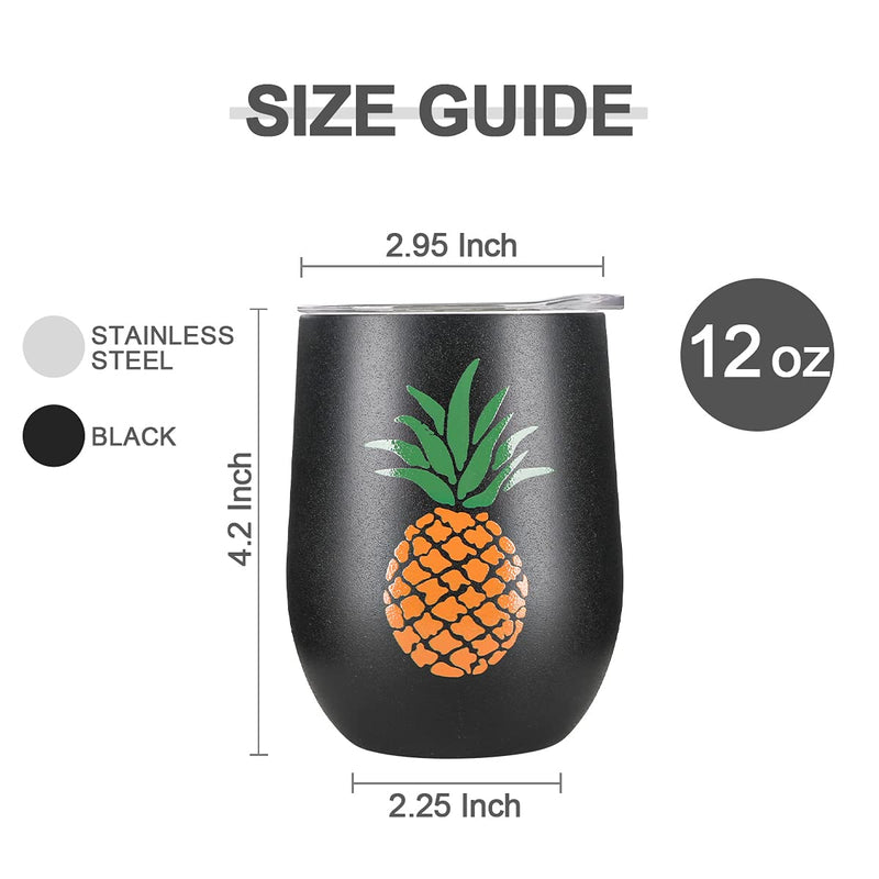 Life's Easy Stainless Wine Glass Tumbler with Lid - 12oz. Wine Glass Tumbler - Vacuum Insulated Travel Wine Tumbler with Lid - Travel Wine Tumbler - 18/8 Stainless Steel - Set of 1 - Black Pineapple - BeesActive Australia
