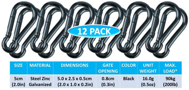Branded Boards Black & Silver Heavy Duty Bushcraft Zinc-Galvanized Steel Carabiner Spring Snap Clip Link Hooks. 200-400lb Load. 6 Packs, 12 Packs and Variety Packs. Black-5cm-12 Pack - BeesActive Australia