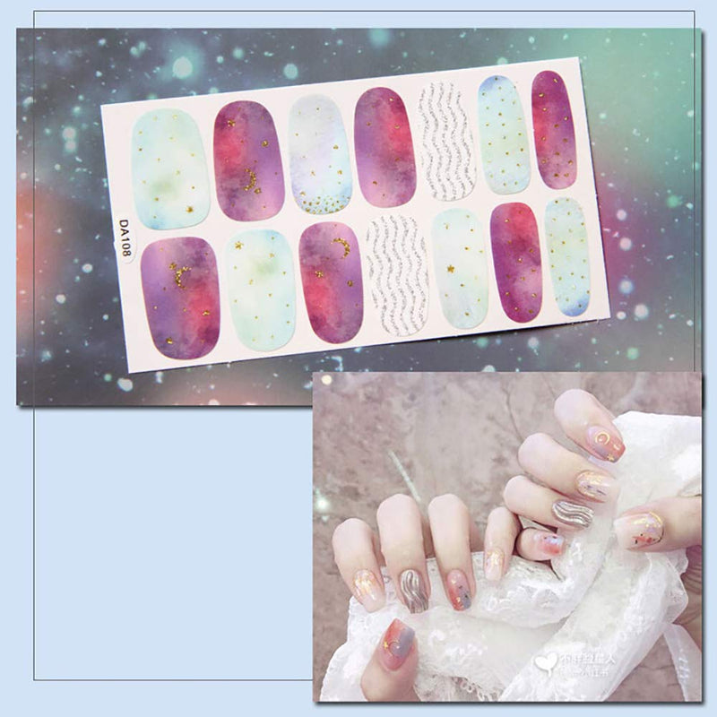 WOKOTO 8 Sheets Adhesive Nail Art Polish Wraps Sticker With 1Pcs Nail File Marbling Starry Sky Manicure Decal Strips For Women - BeesActive Australia