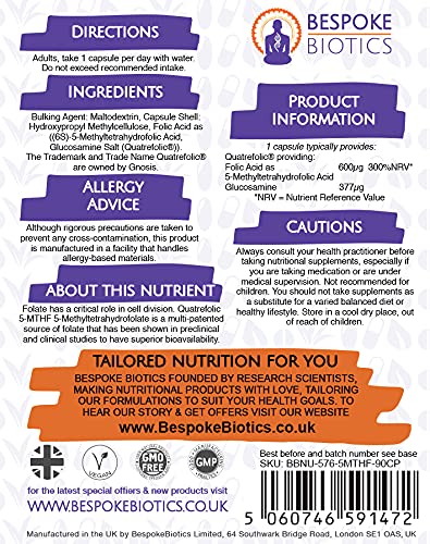 Folic Acid 600�g 90 Capsules as Quatrefolic Methyl Folate 5-MTHF Supplement - 6S-5-Methyltetrahydrofolate - Superior Bioavailable Activated Folic Acid - Healthy Pregnancy, Overcomes MTHFR UK Made - BeesActive Australia