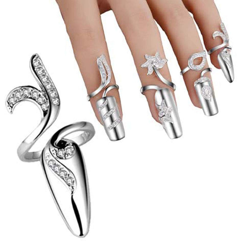 Suoirblss 4 PCS Rhinestone Finger Tip Nail Ring Adjustable Opening Nail Art Charms Accessories Silver Women's Fashion Protecting Fingernail - BeesActive Australia