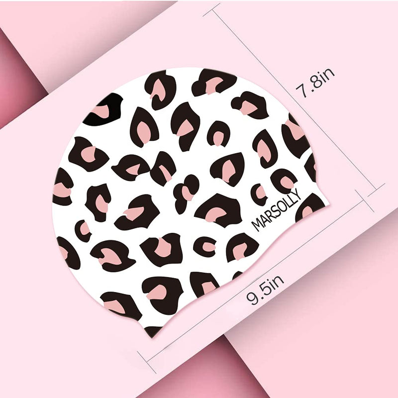 Marsolly Swim Cap Women, Silicone Swimming Cap for Long Hair with Leopard Printed White - BeesActive Australia